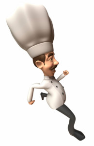 A cartoon chef running on a white background in the Montecristo Apartments, Stone Oak TX.