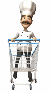 An animated chef in a shopping cart providing culinary delights at The Montecristo Apartments in Stone Oak, San Antonio.