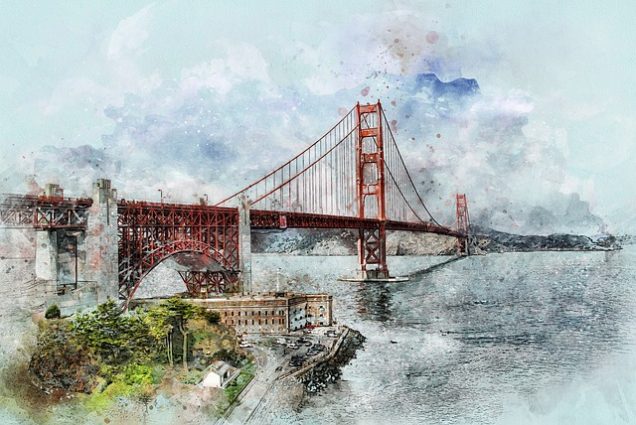 A breathtaking watercolor painting of the iconic Golden Gate Bridge in San Francisco.
