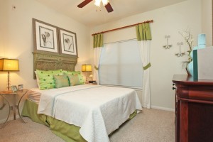 A bedroom with green accents and a ceiling fan in The Montecristo Apartments, located in Stone Oak, San Antonio.