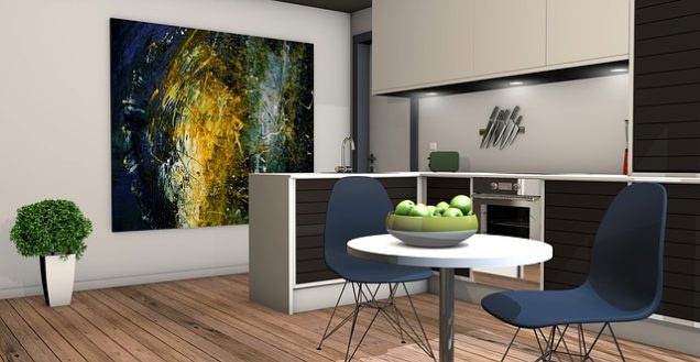 An exquisite 3D rendering of a kitchen adorned with an enchanting painting on the wall, located within The Montecristo Apartments in Stone Oak, San Antonio.