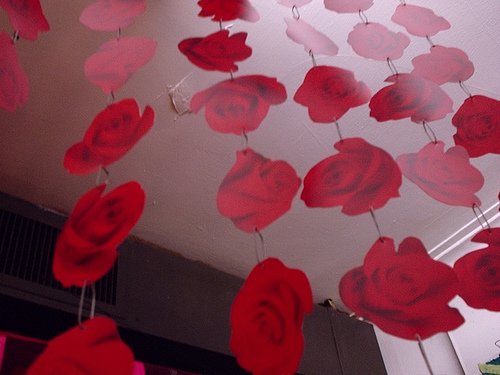 Red roses hanging from the ceiling in a room at The Montecristo Apartments Apartments in Stone Oak, San Antonio.