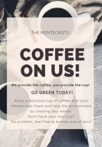 Go green today at The Montecristo Apartments in Stone Oak, San Antonio, and enjoy a complimentary cup of coffee on us.