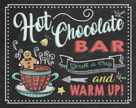 A chalkboard sign with the words hot chocolate bar and a cup of coffee at The Montecristo Apartments in Stone Oak, San Antonio.
