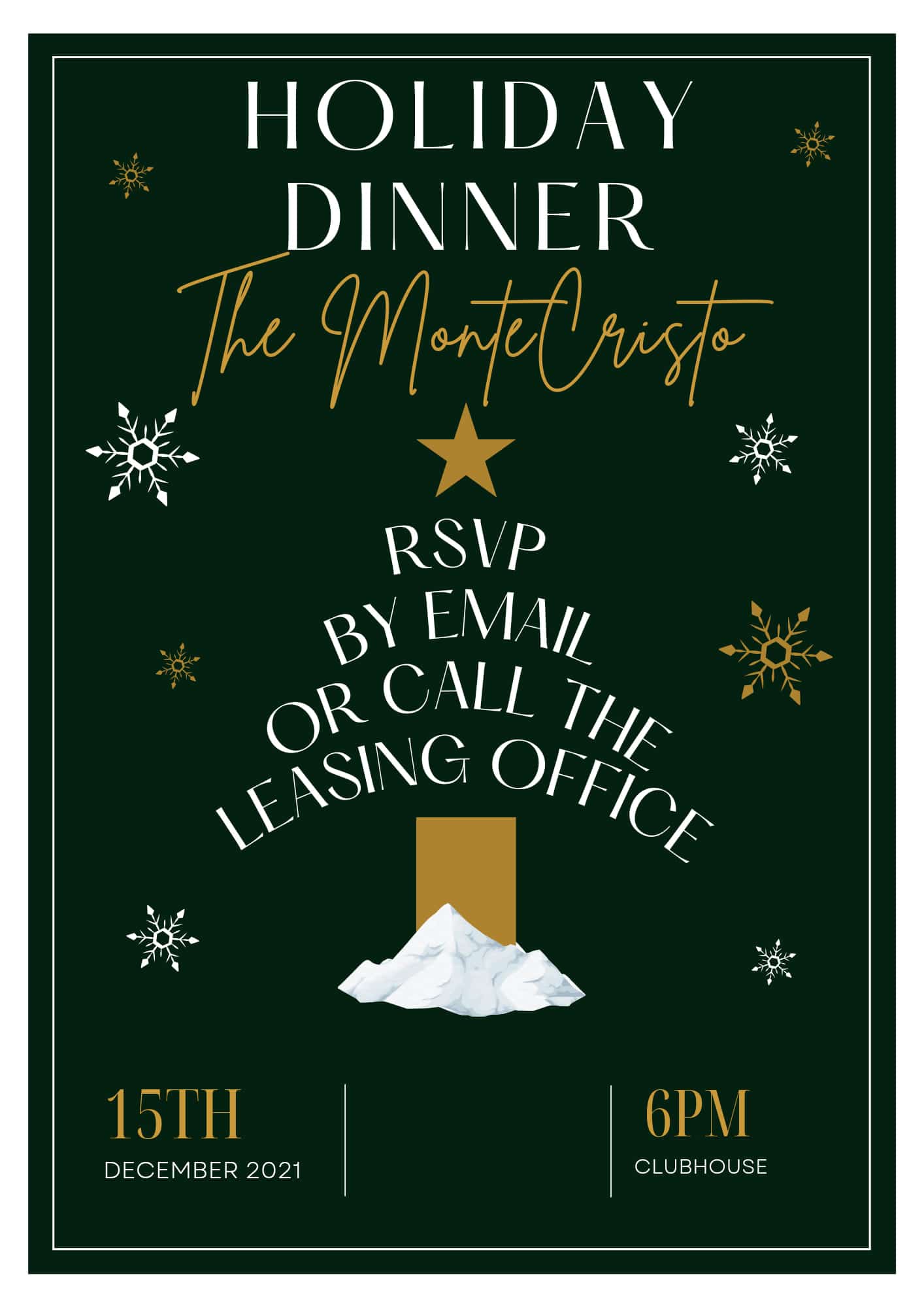 A festive holiday dinner invitation adorned with a Christmas tree and snowflakes.