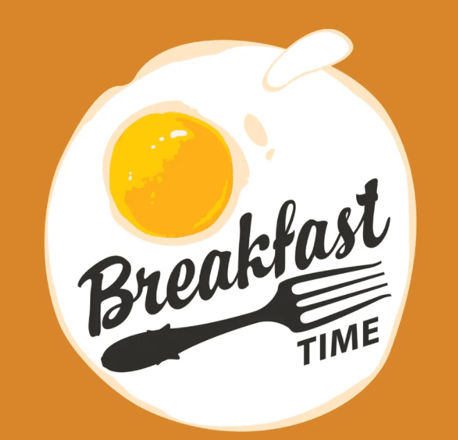 San Antonio breakfast time logo with an egg and fork on an orange background.