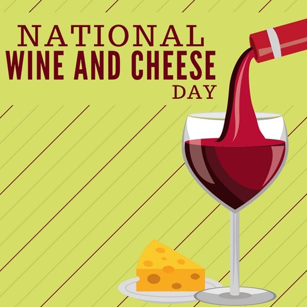 National wine and cheese day poster featuring a glass of wine and cheese platter, promoting the Montecristo Apartments in Stone Oak, TX.