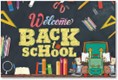 A welcome back to school poster with a chalkboard background, perfect for Apartments in Stone Oak and San Antonio residents.