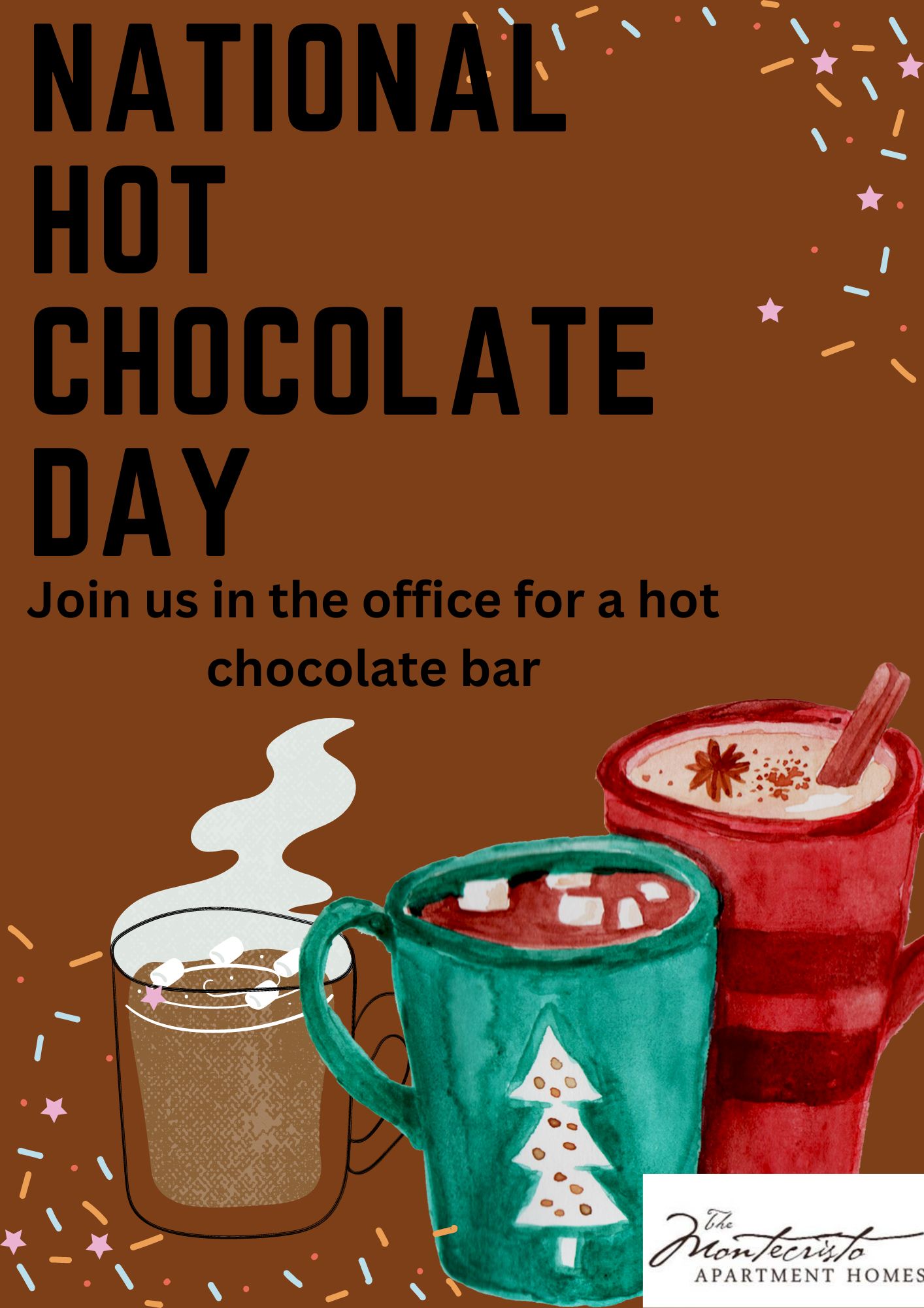 Celebrate National hot chocolate day at The Montecristo Apartments in Stone Oak, San Antonio.